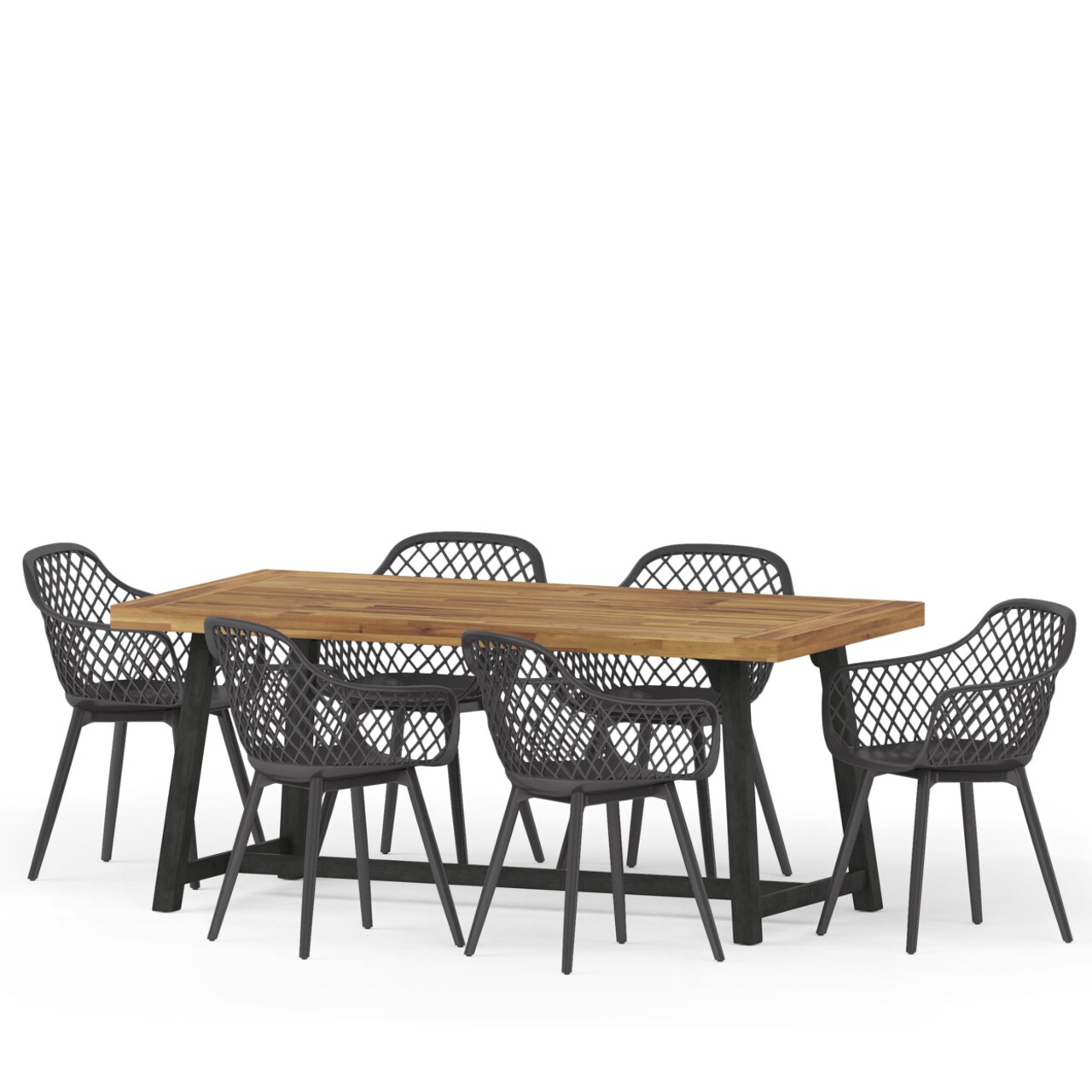 GDFStudio Requeta Outdoor Wood and Resin 7 Piece Dining Set, Black and Sandblasted Teak